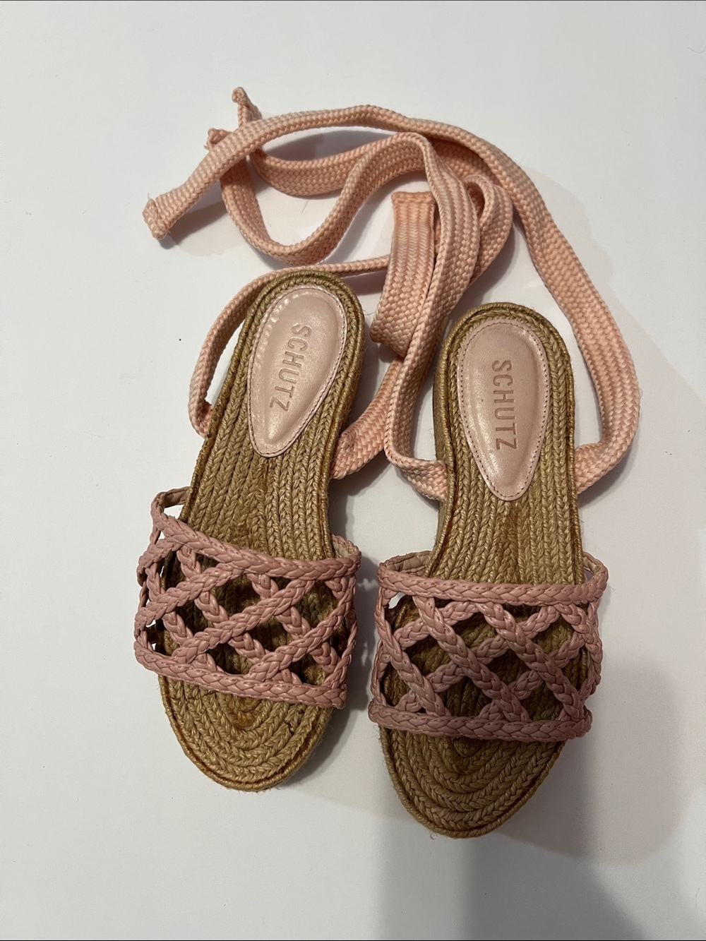 Schutz Byana Ankle-Tie Flatform Sandals
 Blush Pink Braided Espadrille Lace-Up S
